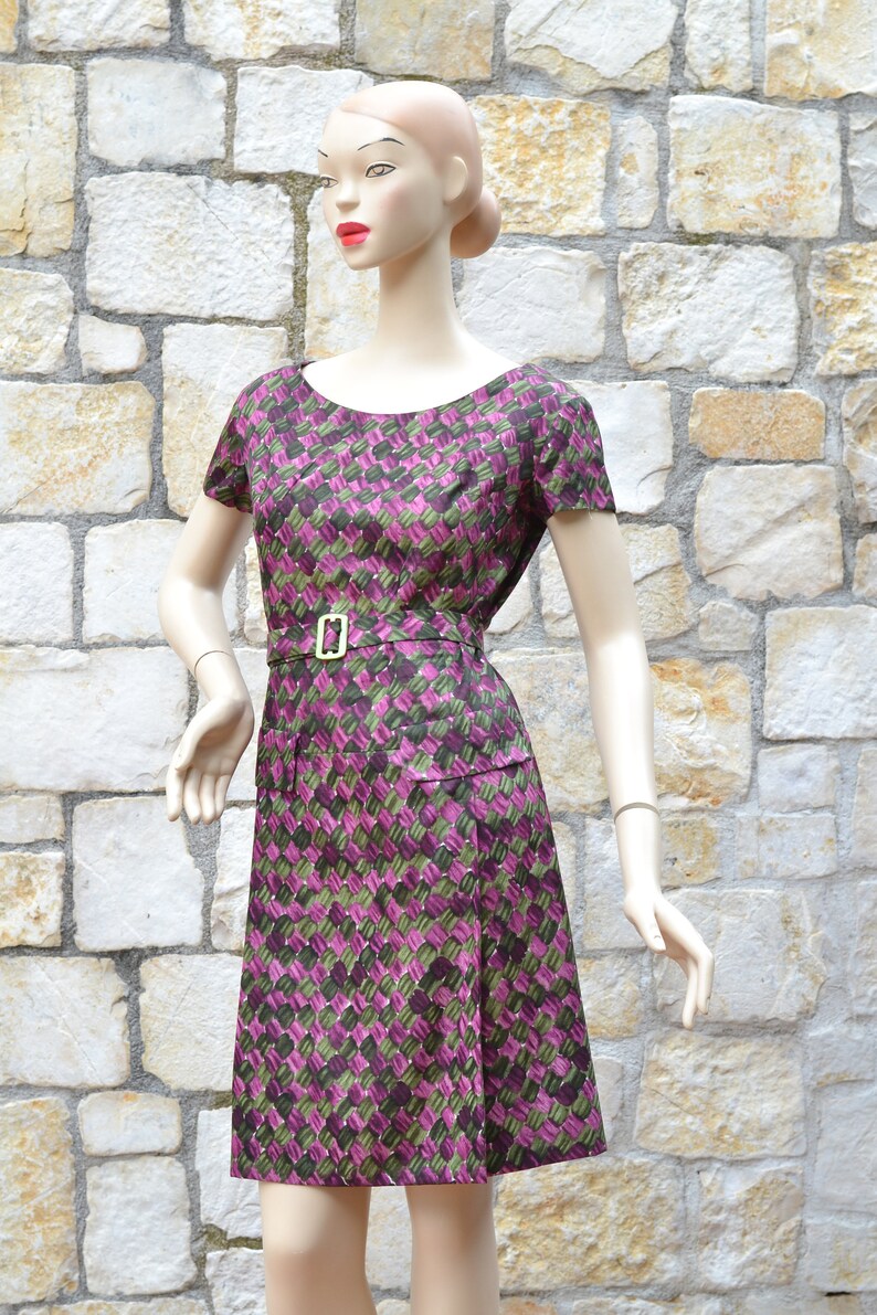 50s / 60s abstract purple dress, 60s mod dress, vintage pleated dress, formal vintage dress image 5