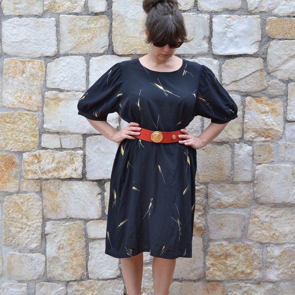 Vintage abstraktes Seidenkleid, 80er Jahre Puffärmelkleid, schwarzes Tunika Kleid, minimalistisches Sommerkleid Frauen