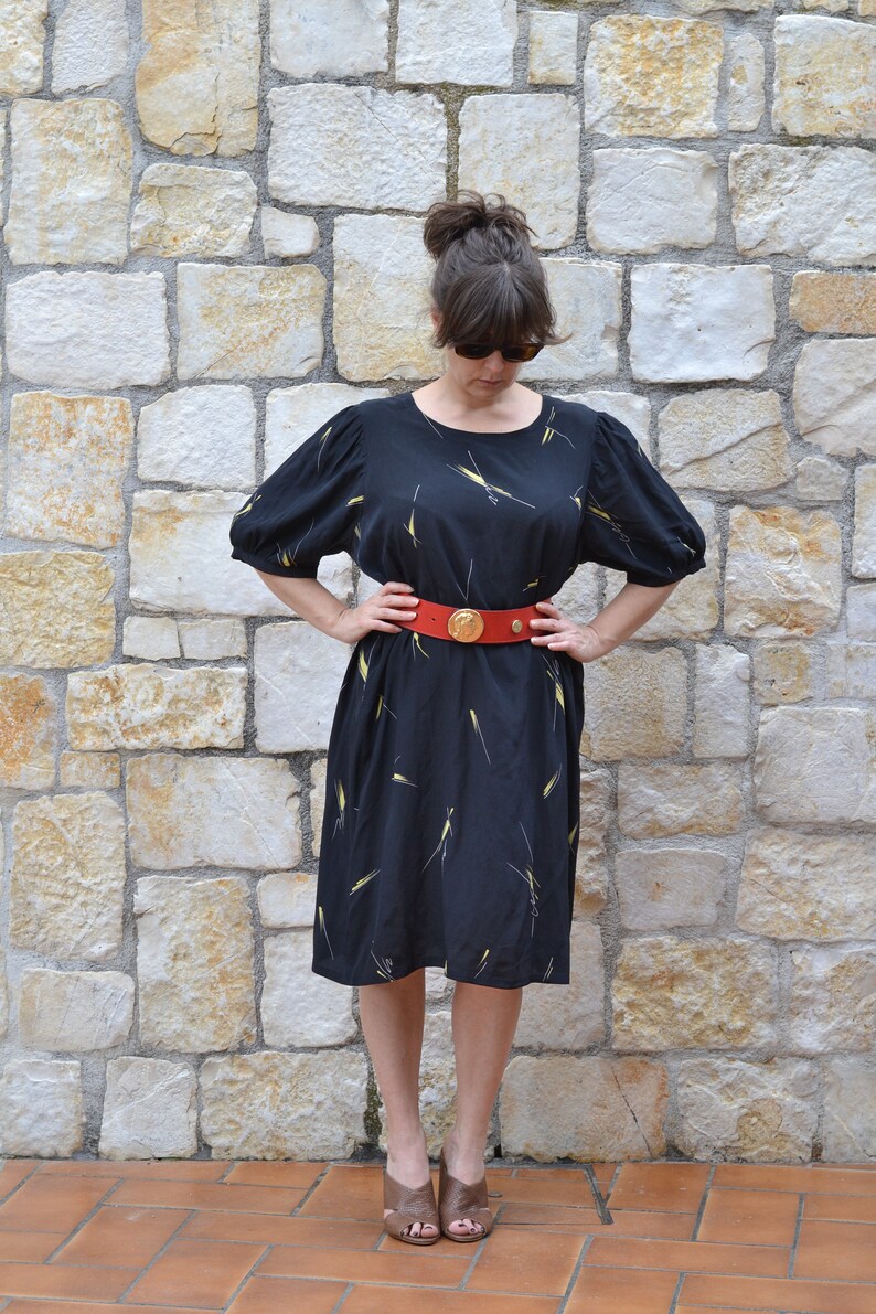 Vintage abstract silk dress, 80s puff sleeve dress, black tunic dress , minimalist summer dress women image 1