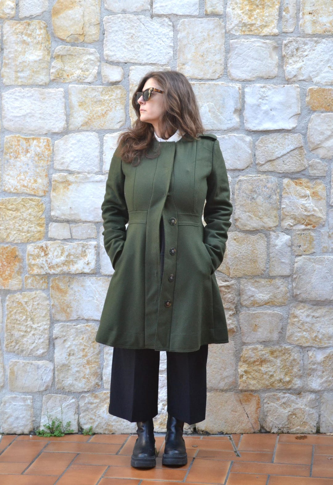 Sportmax Code - Max Mara Green Olive Collarless Flared Coat