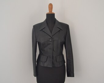Black vintage leather jacket size 42 IT | black leather mini blazer | slim fit leather jacket | authentic 1990s italian fashion