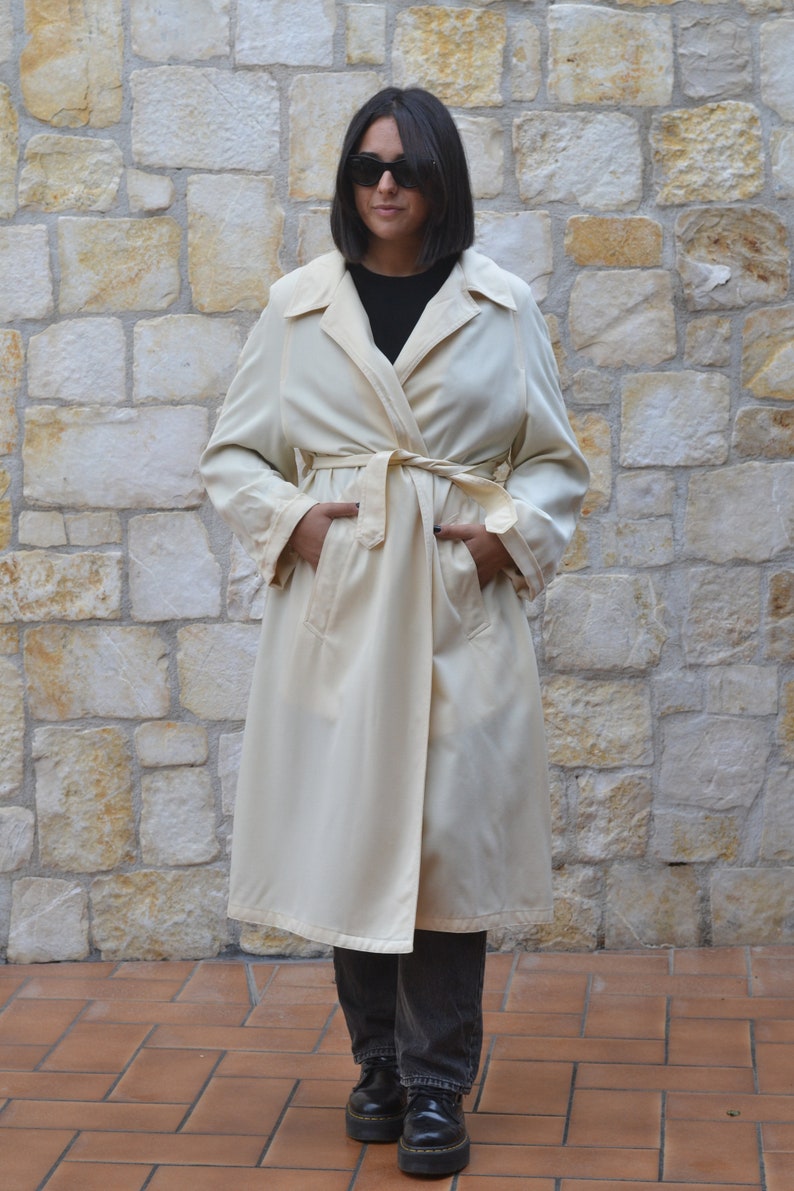 70s Beige Long Trench Coat Women, Vintage Wrap Coat, Mid Season Duster Coat image 3