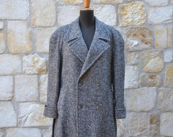 80s Vintage Tweed Coat Men, Vintage Herringbone Coat, Vintage Wool