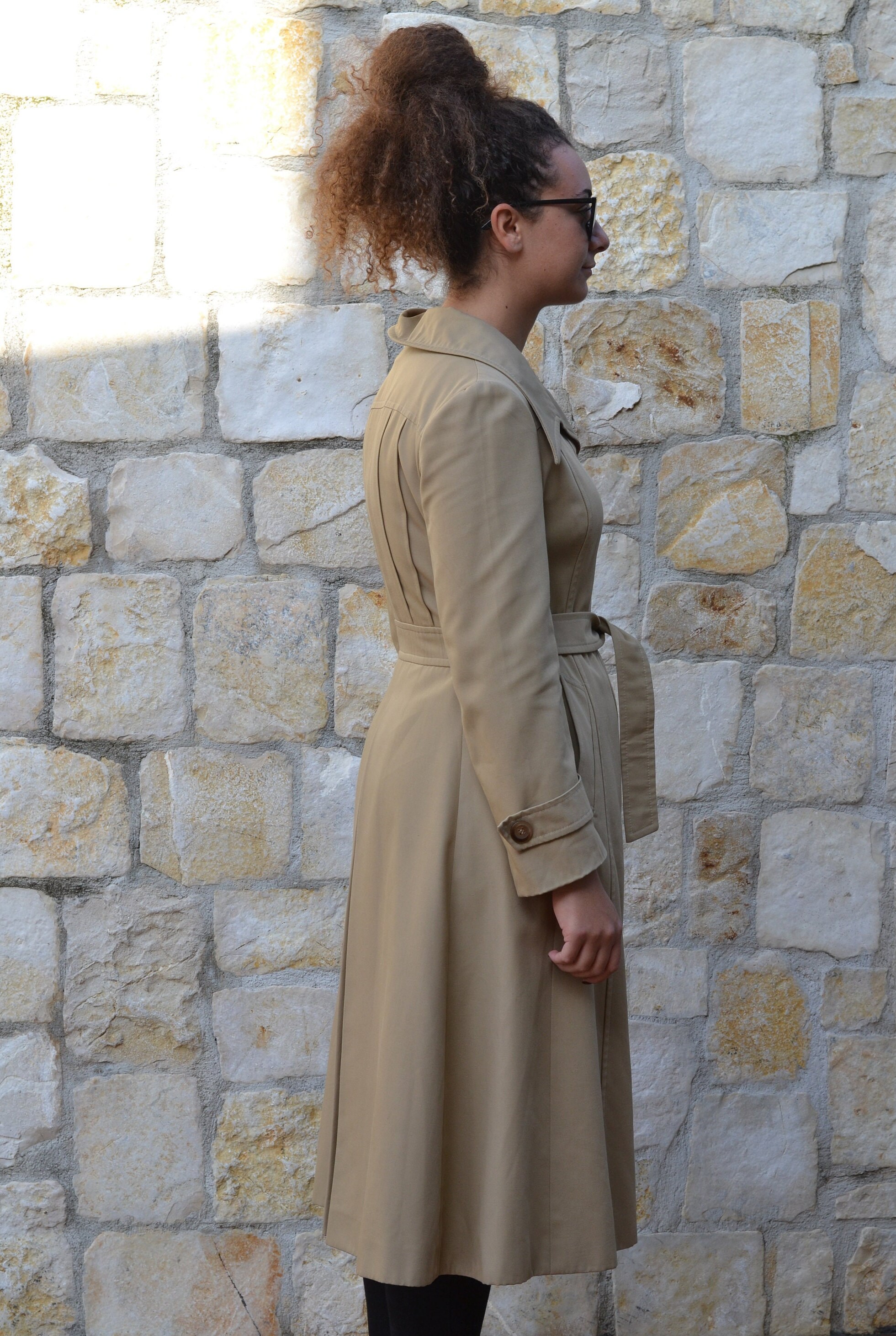 70s Beige Trench Coat / Pleated Trench Coat Women / 70s