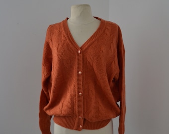 Vintage orange women wool cardigan, knitted sweater