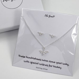 Sterling Silver Bumblebee Necklace and Earrings Set - Womens Girls Cute Dainty Pretty Jewellery Gifts - Birthday Christmas Gift for her
