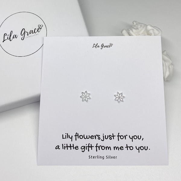 Sterling Silver Lily Flower Stud Earrings - PERSONALISED Gift idea Womens Girls Friendship Cute Birthday Christmas Flowers Jewellery Gifts