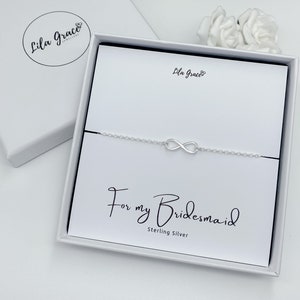 Sterling Silver Bridesmaid Infinity Bracelet Gift Womens Girls Dainty Eternity Jewellery Maid of Honour Invitation Wedding Favours Gifts image 1