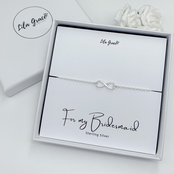 Sterling Silver Bridesmaid Infinity Bracelet Gift - Womens Girls Dainty Eternity Jewellery Maid of Honour Invitation Wedding Favours Gifts