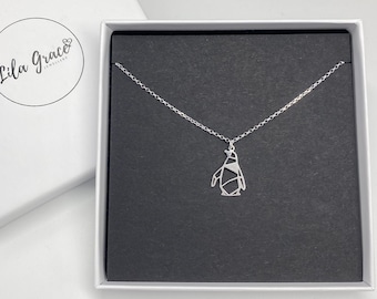 Origami Penguin Sterling Silver Lover Womens Girls Necklace Jewellery Gifts - Gift for her Birthday 14" 16" 18" 20" and 24" inch chains