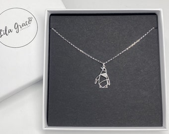Origami Penguin Sterling Silver Lover Womens Girls Necklace Jewellery Gifts - Gift for her Birthday 14&quot; 16&quot; 18&quot; 20&quot; and 24&quot; inch chains
