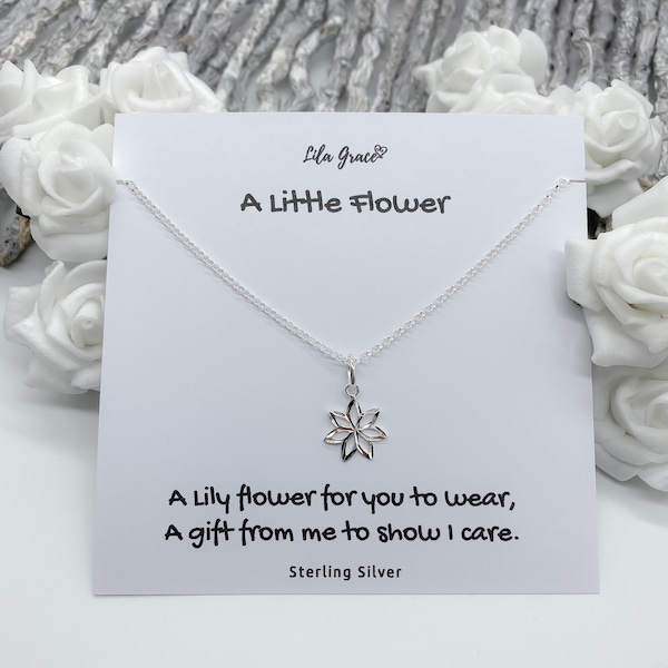 Sterling Silver Lily Flower Necklace - PERSONALISED Thoughtful Gift for her - May Birthday Christmas Gifts -Girls Womens Pretty Jewellery