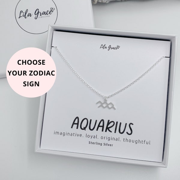 Sterling Silver Aquarius Zodiac Star Sign Necklace Gift for her - Womens Girls Cute Birthday Milestone Starsign Jewellery Gifts