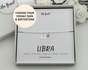 Sterling Silver Libra Zodiac Birthstone Bracelet- Sapphire or Tourmaline Star Sign Birthday Jewellery Gifts