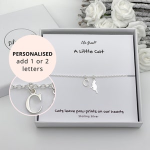 Sterling Silver Cat Letter Initial Bracelet - In Memory Womens Girls Jewellery - Kitty Gift for her Christmas Birthday Gifts for Cat Lovers