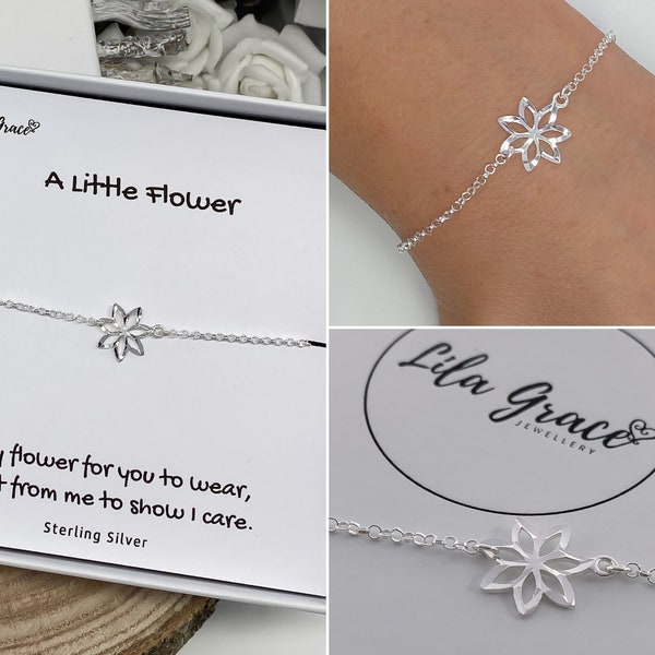 Sterling Silver Lily Flower Link Bracelet - Womens Girls Cute Dainty Pretty Jewellery Gifts - Birthday Christmas Friendship Jewellery Idea