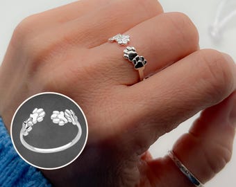 Anillo ajustable con huella de pata de perro y gato en plata de