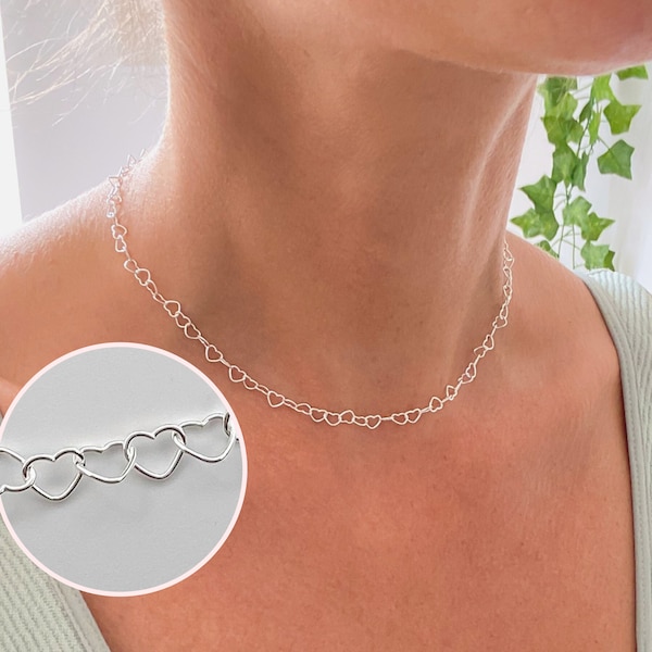 Sterling Silver Heart Link Necklace Chain - Adjustable Jewellery for Girls Women Birthday Christmas Gift Idea - Cute Dainty Choker Gifts