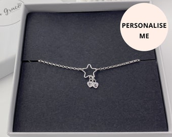 Sterling Silver Star Bracelet with Letter Heart Charm - Womens Girls Dainty Small Size Adjustable Cute Jewellery - Personalised Name Gifts