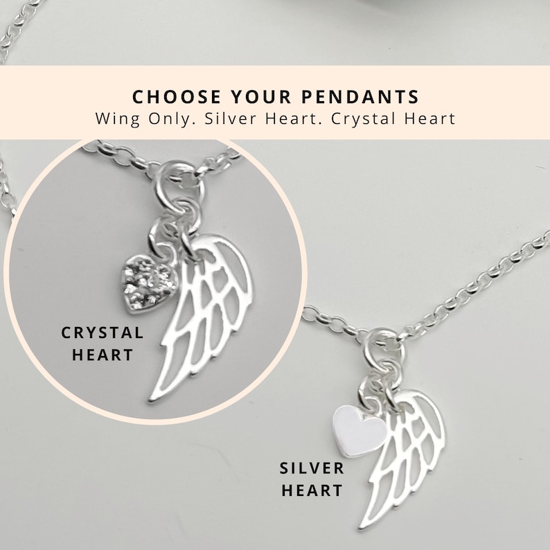 Sterling Silver Angel Wing and Mini Heart Pendant Charm Necklace - Choose your Chain Length image 2