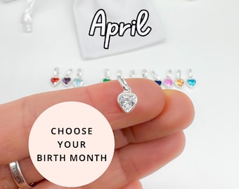 Sterling Silver HEART Birthstone Charm - April Crystal Pendant