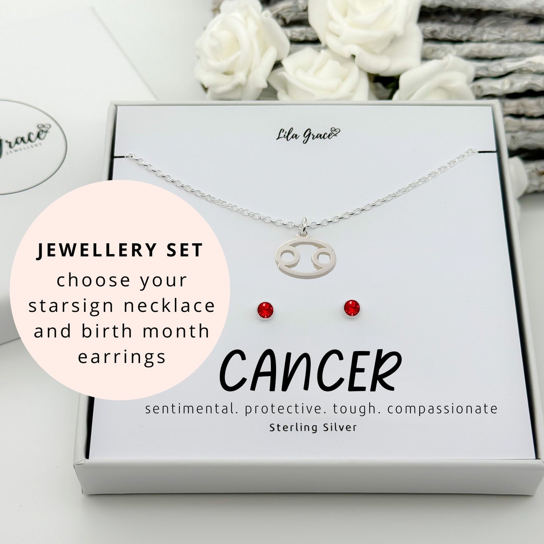 Sterling Silver Cancer Zodiac Star Sign Birthstone Necklace and June