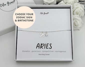 Sterling Silver Aries Zodiac Birthstone Bracelet: Aquamarine or Crystal Star Sign GIfts