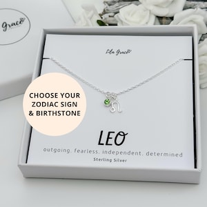 Sterling Silver Leo Zodiac Birthstone Necklace - July Ruby August Peridot Birthday Jewellery Gifts