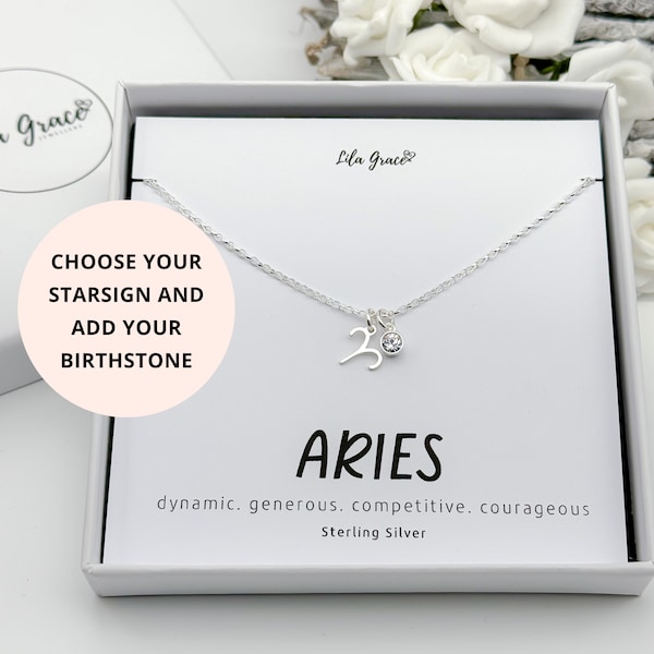 Sterling Silver Aries Zodiac Starsign Birthstone Necklace Gift for her - Womens Girls Crystal Aquamarine Birthday Milestone Jewellery Gifts
