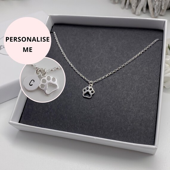 Sterling Silver Dog Paw Initials Womens Girls Ladies Necklace
