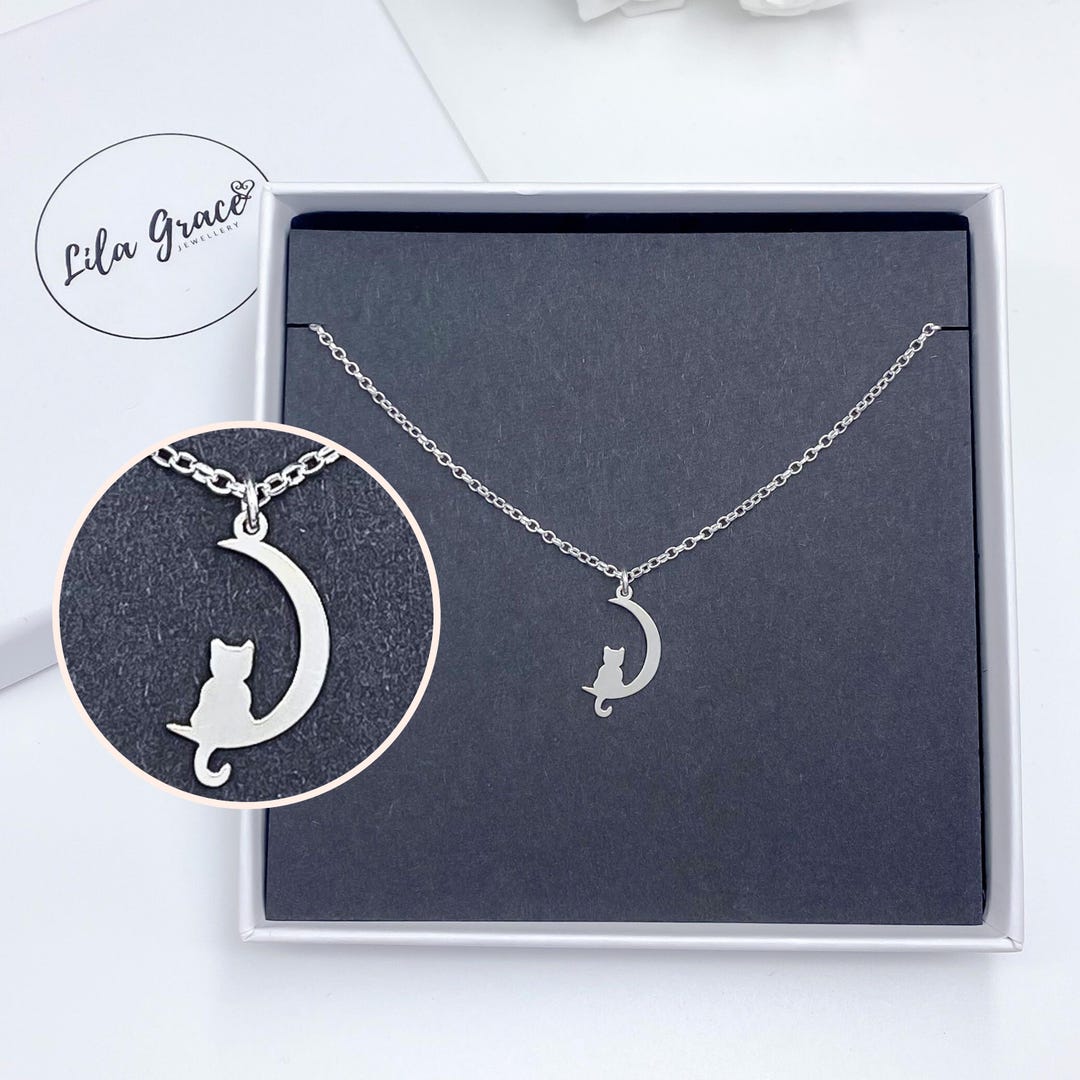 TEAMER Collana Gatto E Luna In Acciaio Inox – Ciondolo Delicato Con Coda, Gioiello Unisex Per Amanti Dei Felini