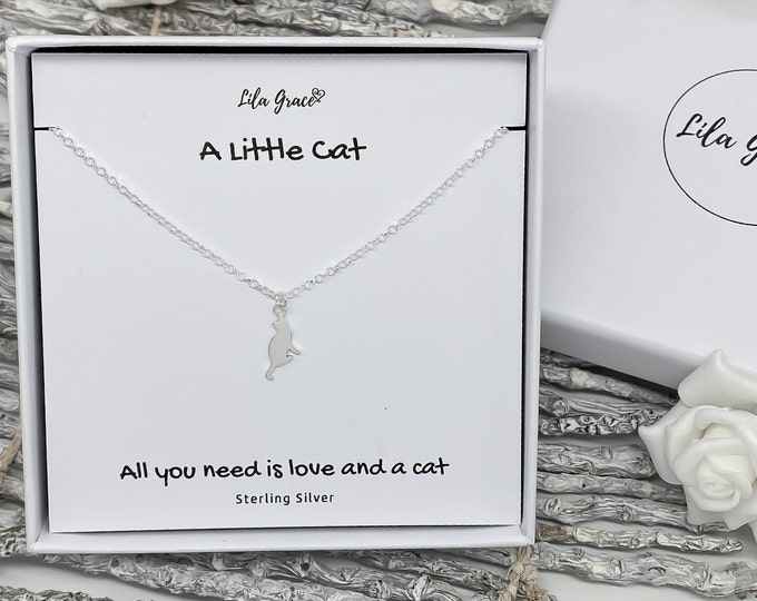 Sterling Silver Personalised Cat Womens Girls Necklace Gift for her - Dainty Memorable Jewellery - Cat Lover Cats Kitten Kitty Thoughtful