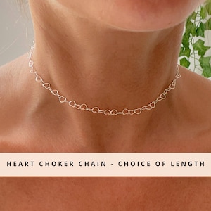 Sterling Silver Choker Heart Link Necklace Chain - Jewellery for Young Girls Women Birthday Christmas Gift Idea - Hearts Cute Dainty Gifts