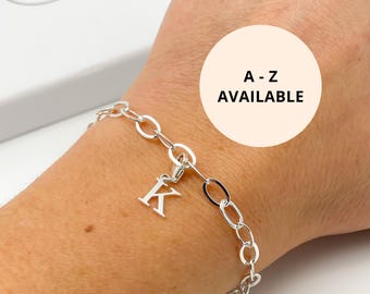 Sterling Silver Initial Charm Bracelet - Chunky Oval Chain with your choice of Letter