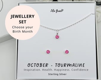 Sterling Silver October Birthstone Necklace and Stud Earrings: Tourmaline Birthday Jewellery Set