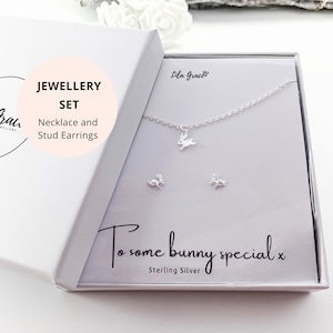 Sterling Silber Kaninchen Ohrstecker und Halskette Schmuck Set Geschenk für ihre Frauen Mädchen Nachdenklich Hübsche Häschen Spezielle Geschenke