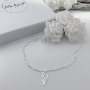 sterling silver angle wing in memory pendant necklace jewellery gift for her, women and girls necklaces made to order short choker chain and long chains 14 inch 16 inch 18 inch 20 inch 22 inch and 24 inch