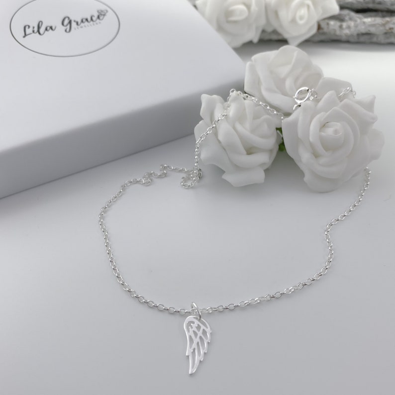 sterling silver angle wing in memory pendant necklace jewellery gift for her, women and girls necklaces made to order short choker chain and long chains 14 inch 16 inch 18 inch 20 inch 22 inch and 24 inch