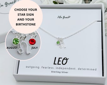 Sterling Silver Leo Zodiac Star Sign Birthstone Necklace Gift for