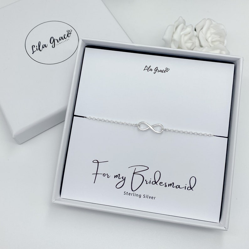 Sterling Silver Bridesmaid Infinity Bracelet Gift Womens Girls Dainty Eternity Jewellery Maid of Honour Invitation Wedding Favours Gifts image 1