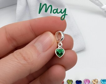 Sterling Silver Birthstone Heart Dangly Charm for Bracelets - May Emerald Crystals