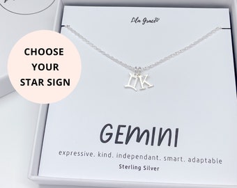 Personalised Sterling Silver Gemini Zodiac Star Sign Necklace Gift for her - Womens Girls Cute Birthday Milestone Starsign Jewellery Gifts