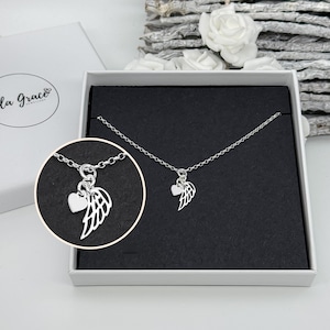 Sterling Silver Angel Wing and Mini Heart Pendant Charm Necklace - Choose your Chain Length image 1