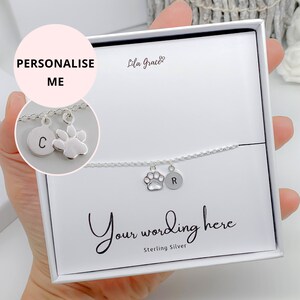 Sterling Silver Paw Print Bracelet - Initial Letter Name Charm Personalised Gifts - Ladies Girls Womens Birthday Cute Dog Lover Gift Idea