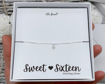 Sterling Silver 16th Birthday Heart Bracelet - Sweet Sixteen Sixteenth Girls Womens Cute Bracelet Jewellery Birthday 16 Gift for her