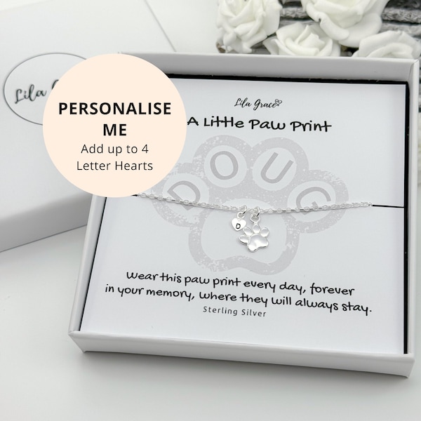 Sterling Silver In Memory Paw Print Initials Bracelet - Dog Keepsake Letter Jewellery