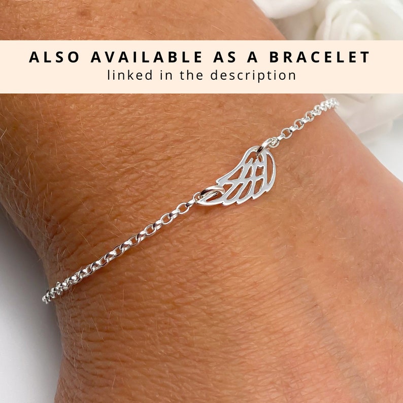 May include: A silver chain bracelet with a delicate wing charm. The bracelet is on a person's wrist. ALSO AVAILABLE AS A BRACELET linked in the description.