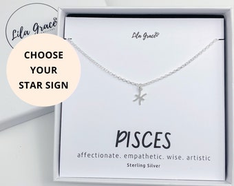 Sterling Silver Pisces Zodiac Star Sign Necklace Gift for her - Womens Girls Cute Birthday Milestone Starsign Jewellery Gifts