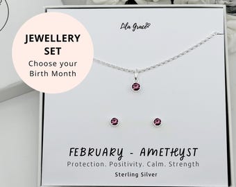 Collier et boucles d'oreilles en argent sterling avec pierre de naissance et améthyste de février : parure d'anniversaire