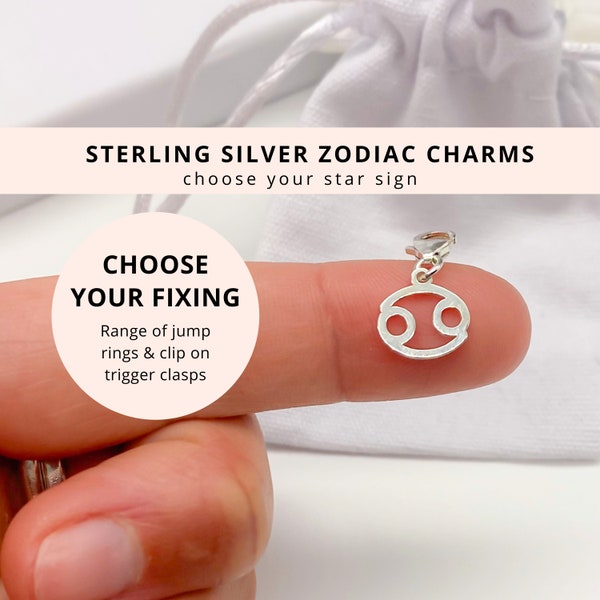 Sterling Silver Cancer Pendant Charm - Clip on Zodiac Star Sign for Bracelet Necklace Anklet Jewellery - 925 Silver Trigger Clasp Jump Ring